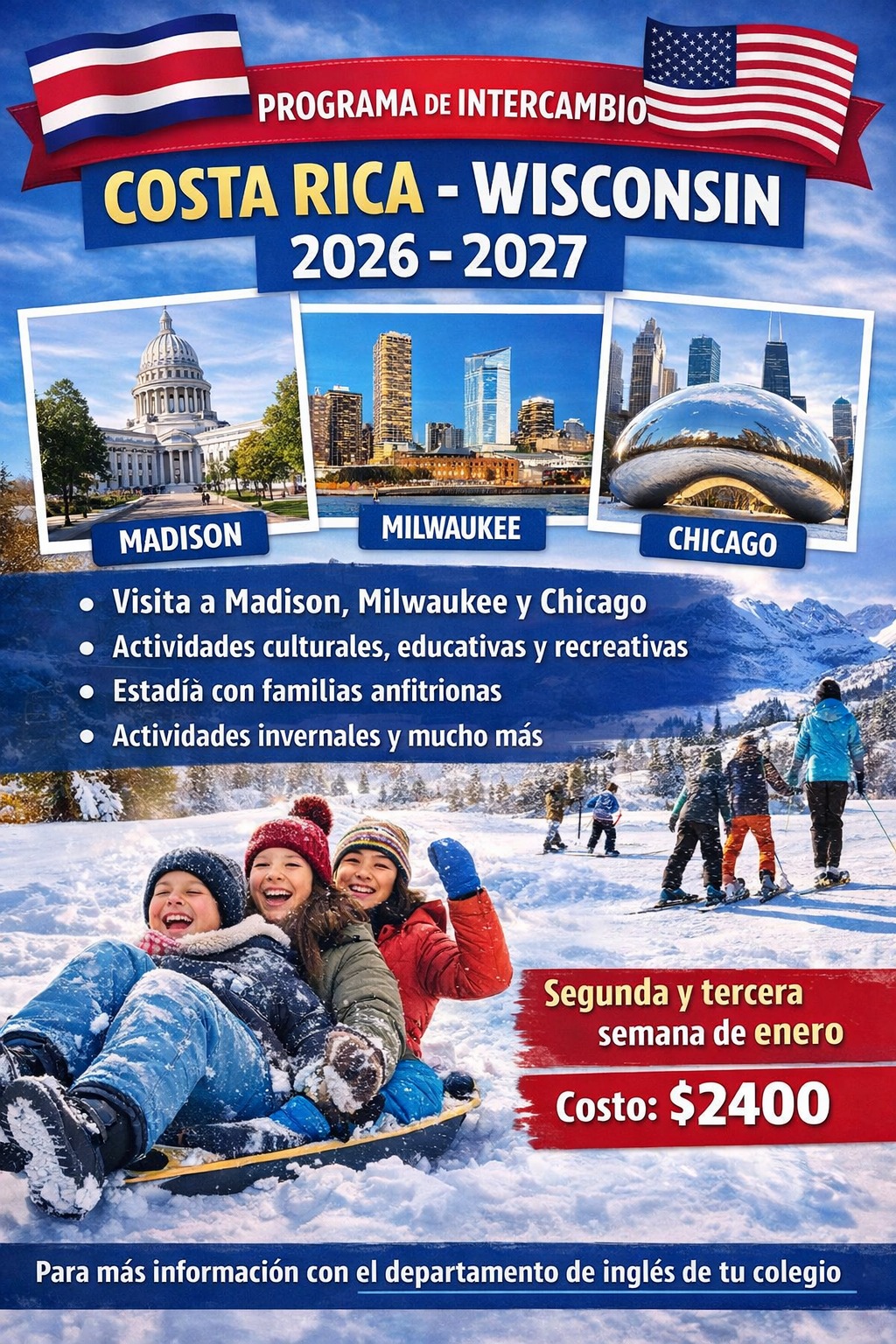 Afiche del programa de intercambio Costa Rica - Wisconsin 2026 - 2027